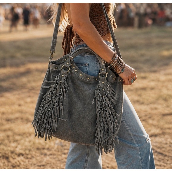 Raj Handbags - Gray Suede Fringe Hobo Bag Boho Western Studded Large Crossbody Raj